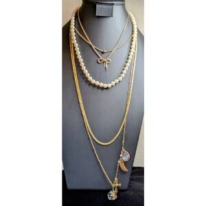Lot of Layering Gold Tone Pearl Charm Necklaces